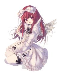 Rule 34 | 1girl, :d, black bow, bow, commentary, deathsmiles, dress, duplicate, feathered wings, frilled dress, frills, full body, hair bow, hand up, juliet sleeves, long hair, long sleeves, looking at viewer, open mouth, puffy sleeves, red eyes, red hair, rento (rukeai), simple background, single wing, smile, solo, thighhighs, twitter username, very long hair, white background, white bow, white dress, white thighhighs, white wings, windia (deathsmiles), wings
