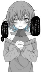 Rule 34 | 1girl, bare shoulders, blue hair, blush, collarbone, commentary, eyes visible through hair, fang, hair between eyes, highres, interlocked fingers, looking at viewer, medium hair, mole, mole under eye, monochrome, mushoku loli, nervous smile, nervous sweating, off-shoulder sweater, off shoulder, original, own hands clasped, own hands together, parted lips, simple background, skin fang, smile, solo, speech bubble, spot color, straight-on, sweat, sweater, symbol-only commentary, translation request, turtleneck, upper body