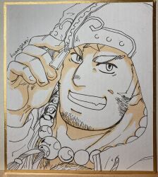 Rule 34 | 1boy, adjusting hood, bara, beads, chest hair, commentary request, cross scar, facial hair, goatee stubble, grin, highres, hood, hood up, hooded jacket, houzouin oniwaka, jacket, kumagamike, long sideburns, male focus, marker (medium), mature male, muscular, muscular male, photo (medium), prayer beads, scar, scar on face, scar on forehead, shikishi, sideburns, signature, smile, solo, stubble, tassel, thick eyebrows, tokyo houkago summoners, traditional media, upper body