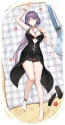Rule 34 | 1girl, aeri (closers), aqua eyes, arm strap, arm up, armpits, bare legs, bare shoulders, barefoot, beach, beach mat, bikini, black choker, black dress, breasts, choker, cleavage, closed mouth, closers, dress, feet, halterneck, hand up, highres, knees together feet apart, large breasts, legs, long hair, looking at viewer, low ponytail, lying, mole, mole under mouth, multi-strapped bikini, non-web source, o-ring, o-ring bikini, official art, on back, purple hair, see-through, sleeveless, sleeveless dress, smile, solo, sundress, swimsuit, thigh strap, thighs, toes, very long hair, wristband