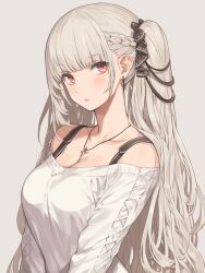 Rule 34 | 1girl, azur lane, blonde hair, collarbone, cross, cross necklace, earrings, formidable (azur lane), hair tie, highres, jewelry, long hair, necklace, off-shoulder sweater, off shoulder, red eyes, simple background, solo, strap, sweater, twintails, upper body, yuekuratsu