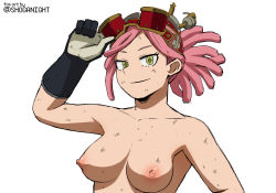 Rule 34 | 1girl, artist name, boku no hero academia, bracer, breasts, hatsume mei, highres, long hair, looking at viewer, medium breasts, pink hair, simple background, smile, solo, topless, white background