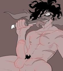 Rule 34 | blood, boku no hero academia, erection, highres, knife, licking blade, long tongue, looking at viewer, male focus, muscular, muscular male, nude, penis, scar, stain (boku no hero academia), tongue, tongue out, weapon