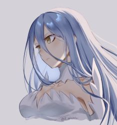 Rule 34 | 1girl, azura (fire emblem), blue hair, breasts, brown eyes, choker, cleavage, closed mouth, collarbone, cropped torso, detached collar, fire emblem, fire emblem fates, frown, grey background, hair between eyes, highres, karashino, long hair, nintendo, simple background, small breasts, solo, straight hair, twitter username, upper body, very long hair, white choker