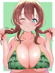 Rule 34 | 1girl, ;o, absurdres, adjusting hair, aqua eyes, bikini, blush, borgbutler, breasts, brown hair, cleavage, collarbone, emma verde, facing viewer, freckles, frilled bikini, frills, green background, green bikini, hands up, highres, huge breasts, long hair, looking at viewer, love live!, love live! nijigasaki high school idol club, one eye closed, open mouth, plump, simple background, skindentation, solo, swimsuit, twintails, upper body, white background