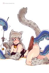 Rule 34 | 1girl, animal ears, bbc-chan, bell, cat ears, cat girl, cat tail, highres, jingle bell, jingle bell collar, long hair, simple background, snow leopard, tail, tentacles, white background