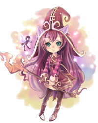 Rule 34 | 1girl, absurdres, animal ears, black pantyhose, blush, boots, chibi, ears through headwear, fairy, fukafusa, green eyes, hat, highres, league of legends, long hair, looking at viewer, lulu (league of legends), pantyhose, pix (league of legends), purple hair, smile, solo, staff, very long hair, witch hat