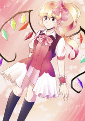 Rule 34 | 1girl, adapted costume, anazoko ganta, black socks, blonde hair, closed mouth, collared shirt, dress, dutch angle, feet out of frame, flandre scarlet, hair between eyes, highres, kneehighs, long hair, multicolored wings, one side up, orange background, orange eyes, pinafore dress, puffy short sleeves, puffy sleeves, red dress, shirt, short sleeves, sleeveless dress, socks, solo, touhou, white shirt, wings, wrist cuffs