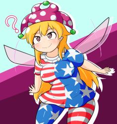 Rule 34 | 1girl, ?, @ @, american flag dress, american flag legwear, belly, blonde hair, blush, breasts, clownpiece, covered navel, dress, fairy wings, flapping, long hair, manorea, medium breasts, pantyhose, plump, purple eyes, short dress, smile, solo, striped clothes, striped dress, striped pantyhose, thighs, touhou, very long hair, wings