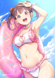 Rule 34 | 1girl, :d, arm up, armpits, bare arms, bare hips, bare shoulders, bikini, blue sky, blush, bracelet, breasts, brown hair, cleavage, cleavage cutout, clothing cutout, commentary request, cowboy shot, day, double bun, food, food-themed clothes, frilled bikini, frills, groin, hair bun, highres, idolmaster, idolmaster shiny colors, innertube, jewelry, kanabun, lens flare, looking at viewer, macaron, medium breasts, navel, necklace, open mouth, outdoors, polka dot, polka dot bikini, red eyes, round teeth, short hair, short twintails, sky, smile, solo, sonoda chiyoko, stomach, sunlight, swim ring, swimsuit, teeth, twintails, upper teeth only, v, white bikini