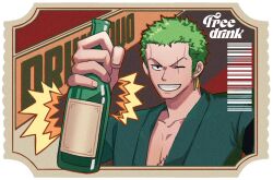 Rule 34 | 1boy, alcohol, barcode, bottle, coat, earrings, english text, green coat, green hair, holding, holding bottle, jennyandloiryan, jewelry, male focus, one eye closed, one piece, pectoral cleavage, pectorals, roronoa zoro, scar, scar across eye, scar on chest, scar on face, short hair, sideburns, single earring, smile, solo, ticket
