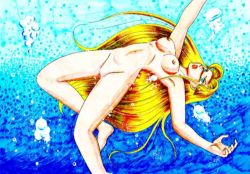 Rule 34 | 1girl, asphyxiation, blonde hair, breasts, bubble, drowning, female focus, nipples, nude, solo, underwater