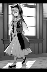 Rule 34 | 1girl, animal ears, blue archive, braid, cocking gun, commentary request, dress, greyscale, gun, habit, halo, handgun, highres, holding, holding gun, holding weapon, indoors, letterboxed, long hair, long sleeves, mari (blue archive), monochrome, neckerchief, sailor collar, sailor dress, shoes, side braid, smile, solo, walking, weapon, youtike