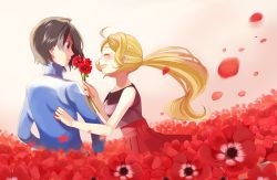 Rule 34 | 1boy, 1girl, bare arms, blonde hair, blue jacket, calem (pokemon), closed eyes, commentary request, creatures (company), eyelashes, flower, game freak, holding, holding flower, jacket, long hair, long sleeves, nintendo, open mouth, petals, pleated skirt, pokemon, pokemon xy, ponytail, red flower, red skirt, sasairebun, serena (pokemon), skirt, tongue, turtleneck