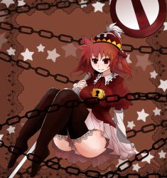 Rule 34 | 1girl, arano oki, black thighhighs, breasts, chain, female focus, hair bobbles, hair ornament, hat, kawashiro mitori, keyhole, layered sleeves, long sleeves, medium breasts, original, puffy sleeves, red eyes, red hair, road sign, short hair, sign, sitting, smile, solo, thighhighs, touhou