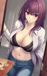 Rule 34 | 1girl, bra, breasts, cleavage, collared shirt, denim, dynamitenatalia, fate/grand order, fate (series), highres, jeans, large breasts, long hair, long sleeves, looking at viewer, navel, open clothes, open shirt, pants, pizza box, purple hair, red eyes, scathach (fate), shirt, solo, textless version, underwear