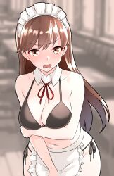 Rule 34 | 1girl, alternate costume, apron, bikini, black bikini, blurry, blurry background, breasts, brown eyes, brown hair, detached collar, frilled apron, frills, furaggu (frag 0416), highres, kantai collection, long hair, maid, maid apron, maid bikini, maid headdress, medium breasts, navel, ooi (kancolle), open mouth, side-tie bikini bottom, solo, swimsuit, unconventional maid, waist apron, white apron