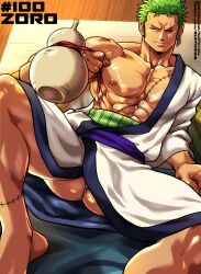 Rule 34 | 1boy, absurdres, bara, character name, closed mouth, green hair, highres, japanese clothes, kimono, large pectorals, male focus, muscular, muscular male, nipples, one piece, patreon username, pectorals, roronoa zoro, scar, scar across eye, scar on chest, scar on face, sgt crisis, short hair, solo, thick thighs, thighs, twitter username, white kimono