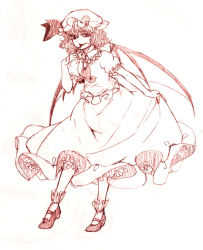 Rule 34 | 1girl, bat wings, blood, curtsey, dress, eyelashes, female focus, finger to mouth, frills, full body, kirara24, mary janes, monochrome, remilia scarlet, shoes, short hair, sketch, smile, smirk, socks, solo, standing, touhou, traditional media, white background, wings