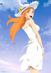Rule 34 | :d, absurdres, bleach, blue sky, breasts, day, dress, flower, grey eyes, hair ornament, hairpin, hat, hat flower, highres, inoue orihime, instagram username, large breasts, long hair, looking at viewer, looking back, open mouth, orange hair, outdoors, sky, smile, stayaliveplz, sun hat, twitter username, white dress, white hat, white wristband