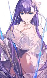 Rule 34 | 1girl, 2023, absurdres, bare shoulders, blue eyes, bow, collarbone, commentary, dated, detached sleeves, dress, english commentary, fate/grand order, fate (series), fingernails, hair bow, highres, long hair, looking at viewer, meltryllis (fate), nail polish, prosthesis, prosthetic leg, purple hair, signature, simple background, sitting, solo, spikes, strapless, strapless dress, very long hair, white background, white bow, white dress, white sleeves, yuki flourish