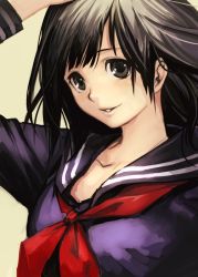 Rule 34 | 1girl, black eyes, black hair, black serafuku, copyright request, hungry clicker, long sleeves, looking at viewer, neckerchief, parted lips, purple sailor collar, purple shirt, red neckerchief, sailor collar, school uniform, serafuku, shirt, simple background, smile, solo, upper body, yellow background