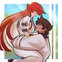Rule 34 | absurdres, ass, brown hair, couple, glasses, gloves, guilty gear, guilty gear strive, highres, hug, huge ass, husband and wife, jack-o&#039; valentine, lab coat, multicolored hair, red hair, scruffyturtles, sol badguy, white hair