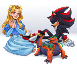 Rule 34 | 1boy, 1girl, 2024, biolizard, blonde hair, blue eyes, droffagner, earrings, full body, furry, furry male, gloves, highres, jewelry, kingofhighlands, lizard tail, maria robotnik, open mouth, own hands together, red eyes, shadow the hedgehog, signature, smile, sonic (series), sonic adventure 2, tail, white gloves