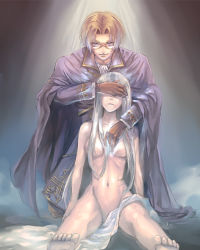 Rule 34 | 1boy, 1girl, barefoot, breasts, brown hair, cape, censored, convenient censoring, covering privates, covering face, covering own eyes, glasses, gloves, hair over breasts, hand on another&#039;s face, hidden eyes, kiri (regulaton), lenneth valkyrie, lezard valeth, long hair, navel, nude, nude cover, ribs, smile, valkyrie profile (series), very long hair, white hair