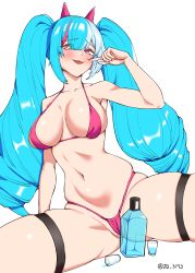 1girl, :p, absurdres, alcohol, aurora (last origin), bangs, bikini, blush, bombay sapphire, breasts, cleavage, cup, drill hair, drinking glass, drunk, eyebrows visible through hair, highlights, highres, last origin, long hair, looking at viewer, multicolored hair, nail polish, narabi, navel, pink hair, red swimsuit, shot glass, solo, swimsuit, tongue, tongue out, twintails, twitter username, very long hair, white background