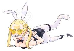 Rule 34 | 1girl, 28 (282teeth), animal ears, armband, ass, bare shoulders, black bow, black bowtie, black footwear, black leotard, blonde hair, blue archive, blue eyes, bow, bowtie, breasts, bunny girl guard (sr) (blue archive), cleavage, detached collar, fake animal ears, gagged, garter straps, hair tie, halo, high heels, highres, kamina shades, korean commentary, leotard, long hair, medium breasts, pantyhose, playboy bunny, rabbit ears, shoes, simple background, single shoe, tears, thigh strap, tinted eyewear, twintails, white background, white bow, white pantyhose, wrist cuffs, yellow-tinted eyewear