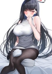 Rule 34 | 1girl, absurdres, bare arms, bare shoulders, black hair, black pantyhose, blue archive, blush, breasts, closed mouth, feet out of frame, halo, hand up, highres, large breasts, long hair, looking at viewer, pantyhose, red eyes, rio (blue archive), shirt, shougun (chuckni1), simple background, sitting, sleeveless, solo, thighs, white background, white shirt