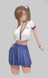 Rule 34 | 1girl, artist logo, black choker, blue skirt, breasts, brown eyes, brown hair, choker, cleavage, commentary, contrapposto, cowboy shot, cropped legs, cropped shirt, goddess of victory: nikke, grey background, grin, hair ornament, hair over one eye, hand on own hip, head tilt, highres, jewelry, large breasts, looking at viewer, midriff, naga (nikke), navel, necklace, numb3r 3, pleated skirt, school uniform, shirt, short sleeves, simple background, skirt, smile, solo, standing, thigh strap, twintails, watch, white shirt, wristwatch