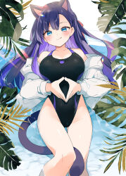 Rule 34 | 1girl, animal ears, black one-piece swimsuit, blue eyes, blush, breasts, cat ears, cat girl, cat tail, closed mouth, colored inner hair, day, extra ears, feet out of frame, hands up, highres, jacket, kamiyoshi rika, large breasts, leaf, lens flare, light smile, long hair, long sleeves, looking at viewer, multicolored hair, off shoulder, one-piece swimsuit, original, outdoors, own hands together, partially submerged, purple hair, sarasara-chan (kamiyoshi rika), solo, swimsuit, tail, tongue, tongue out, water, white jacket
