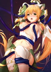 Rule 34 | 1girl, arms behind head, arms up, blonde hair, blush, bound, breasts, faicha, green eyes, green skirt, hair between eyes, hair tubes, knee up, large breasts, leafa, leafa (terraria), long hair, medium breasts, midriff, navel, nipples, open mouth, pleated skirt, ponytail, restrained, saliva, shirt, skirt, solo, stomach, sword art online, tentacles, thighs, torn clothes, torn legwear, torn shirt, very long hair