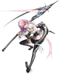 Rule 34 | 1girl, bad id, bad pixiv id, black thighhighs, breasts, cleavage, corset, elbow gloves, frills, full body, gloves, hair ornament, highres, long hair, looking at viewer, original, pink hair, red eyes, scythe, shisshou senkoku, skirt, solo, thighhighs