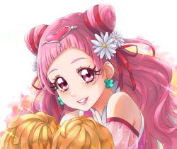 Rule 34 | 1girl, chocokin, clothing cutout, cone hair bun, cure yell, double bun, earrings, floating hair, flower, hair bun, hair flower, hair ornament, hair ribbon, heart, heart hair ornament, hugtto! precure, jewelry, long hair, looking at viewer, pink eyes, pink hair, pom pom (cheerleading), portrait, precure, red ribbon, ribbon, see-through, shoulder cutout, solo, sparkle, very long hair, white background, white flower