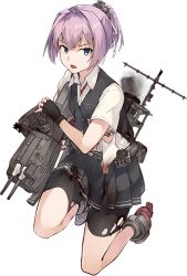 Rule 34 | 1girl, adapted turret, bike shorts, black gloves, blue eyes, boots, collared shirt, fingerless gloves, full body, gloves, grey vest, gun, hair intakes, hair ornament, hair ribbon, holding, holding gun, holding weapon, kantai collection, konishi (koconatu), looking at viewer, machinery, mast, neck ribbon, official art, on one knee, pink hair, pleated skirt, ponytail, red ribbon, ribbon, rigging, rudder footwear, school uniform, shiranui (kancolle), shiranui kai ni (kancolle), shirt, short hair, short ponytail, short sleeves, shorts, shorts under skirt, skirt, smoke, smokestack, solo, torn bike shorts, torn clothes, torn shirt, transparent background, turret, vest, weapon, white ribbon