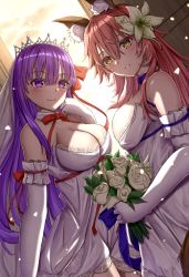 Rule 34 | 2girls, absurdres, animal ear fluff, animal ears, backlighting, bare shoulders, bb (fate), bb (fate/extra), blush, bouquet, breasts, bridal veil, cleavage, collarbone, dress, elbow gloves, fate/extra, fate/extra ccc, fate/grand order, fate (series), flower, fox ears, fox girl, fox tail, gloves, grin, hair between eyes, hair flower, hair ornament, hair ribbon, highres, large breasts, long hair, looking at viewer, multiple girls, parted lips, pink hair, purple eyes, purple hair, red ribbon, ribbon, sidelocks, smile, tail, tamamo (fate), tamamo no mae (fate/extra), tiara, toukan, veil, very long hair, wedding dress, white dress, white gloves, yellow eyes