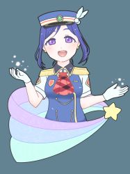 Rule 34 | 1girl, absurdres, alternate hairstyle, animal print, artist name, artist request, blue dress, blue hair, blue hat, blush, breasts, collared shirt, conductor, dress, earrings, epaulettes, feathers, female focus, frog print, gloves, hair between eyes, hair bun, happy party train, hat, hat feather, highres, jewelry, lida neru, long hair, looking at viewer, love live!, love live! school idol festival, love live! sunshine!!, matsuura kanan, neckerchief, outstretched arms, parted lips, purple eyes, purple hair, red neckerchief, shirt, short hair, short sleeves, sidelocks, single hair bun, small breasts, smile, solo, star (symbol), two side up, upper body, whistle, white feathers, white gloves