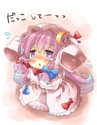 Rule 34 | 1girl, bow, chibi, crescent, female focus, hair bow, hat, long hair, patchouli knowledge, purple eyes, purple hair, simple background, sleeves past wrists, solo, tears, touhou, very long hair, yuya (night lily)
