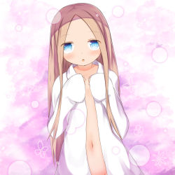 Rule 34 | 1girl, :o, abigail williams (fate), alternate costume, blonde hair, blue eyes, blush, commentary request, dress shirt, dutch angle, fate/grand order, fate (series), forehead, hands up, highres, long hair, long sleeves, naked shirt, navel, open clothes, open shirt, parted lips, shirt, sleeves past fingers, sleeves past wrists, solo, su guryu, very long hair