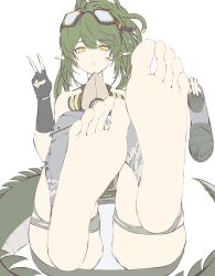 Rule 34 | 1girl, absurdres, arknights, barefoot, crocodilian tail, feet, fingerless gloves, gavial (arknights), gloves, goggles, goggles on head, green hair, highres, holding, holding shoes, long hair, looking at viewer, panties, pantyshot, parted lips, pointy ears, ponytail, sandals, unworn sandals, shoes, unworn shoes, single shoe, soles, tail, toes, underwear, v, yellow eyes