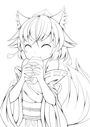 Rule 34 | 1girl, :3, animal ears, bad id, bad pixiv id, bare shoulders, closed eyes, detached sleeves, eating, food, greyscale, happy, hat, highres, inubashiri momiji, kourindou tengu costume, lineart, monochrome, oimo (imoyoukan), oimonocake, pom pom (clothes), potato, short hair, silver hair, simple background, solo, sweet potato, tail, tokin hat, touhou, white background, wolf ears, wolf tail