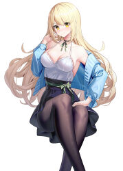 Rule 34 | 1girl, bare shoulders, black skirt, blonde hair, blue jacket, blush, breasts, brown pantyhose, camisole, cleavage, collarbone, highres, jacket, large breasts, long hair, long sleeves, looking at viewer, mythra (xenoblade), off shoulder, open clothes, open jacket, pantyhose, ririko (zhuoyandesailaer), sidelocks, simple background, skirt, smile, solo, swept bangs, thighs, white background, white camisole, xenoblade chronicles (series), xenoblade chronicles 2, yellow eyes