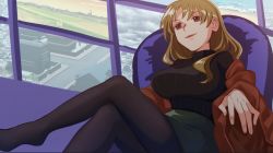 Rule 34 | 1girl, black sweater, blonde hair, breasts, chair, cloud, cloudy sky, crossed legs, green skirt, grey sky, highres, house, jacket, large breasts, long hair, long sleeves, matara okina, no headwear, ocean, open clothes, open jacket, open mouth, orange jacket, orange sky, orange sleeves, pantyhose, red eyes, road, sand, shikido (khf), sitting, skirt, sky, smile, solo, sunset, sweater, touhou, water, window