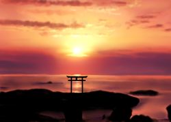 Rule 34 | cloud, commentary request, horizon, isaki (gomi), no humans, orange sky, original, scenery, sky, sun, sunrise, torii