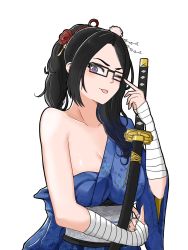 Rule 34 | 1girl, akanbe, alternate costume, arm wrap, asymmetrical hair, black-framed eyewear, black hair, blue kimono, breasts, cleavage, collarbone, cradling, daikou-chan, eyelid pull, floral print, flower, glasses, hair flower, hair ornament, high ponytail, highres, holding, holding sword, holding weapon, indie virtual youtuber, japanese clothes, kanzashi, katana, kimono, kson, large breasts, long hair, looking at viewer, off shoulder, one eye closed, parted bangs, pom pom (clothes), pom pom hair ornament, purple eyes, sheath, sheathed, siciriana, simple background, single bare shoulder, solo, sword, tongue, tongue out, virtual youtuber, weapon, white background