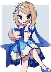 Rule 34 | 1girl, :d, black eyes, blonde hair, blue dress, blue footwear, creatures (company), crossed legs, dress, game freak, hand on own face, hand up, highres, long hair, looking at viewer, mary janes, nintendo, omochi (omotimotittona3), open mouth, pokemon, pokemon masters ex, serena (champion) (pokemon), serena (pokemon), shoes, smile, solo