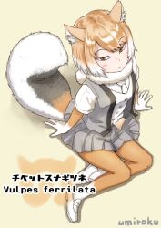 Rule 34 | 10s, 1girl, :|, animal ears, arms at sides, artist name, beige background, blush, brown footwear, brown legwear, brown shirt, buttons, character name, closed mouth, collar, dot nose, elbow gloves, expressionless, eyebrows, fox ears, fox tail, from above, full body, fur collar, gloves, gradient clothes, gradient footwear, gradient legwear, grey skirt, grey vest, japari symbol, kemono friends, light brown hair, loafers, looking at viewer, looking up, multicolored clothes, multicolored footwear, multicolored gloves, multicolored hair, multicolored legwear, multicolored shirt, necktie, open clothes, open vest, pleated skirt, scientific name, shadow, shirt, shoes, short hair, short sleeves, simple background, sitting, skirt, solo, tail, tibetan fox (kemono friends), tsurime, two-tone hair, two-tone legwear, umiroku, vest, white footwear, white hair, white legwear, white necktie, white shirt, yellow eyes, yokozuwari